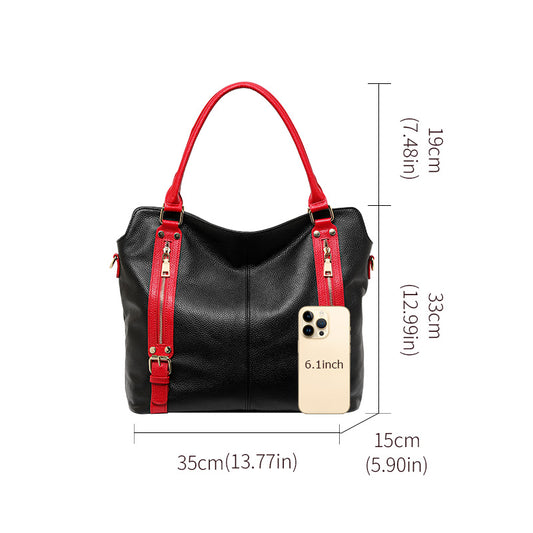 Genuine Cowhide Color Block Pebbled Womens Oversized Hobo Tote Bag,Soft Spacious Multi Zipper Pocket Travel Crossbody Shoulder Handbag