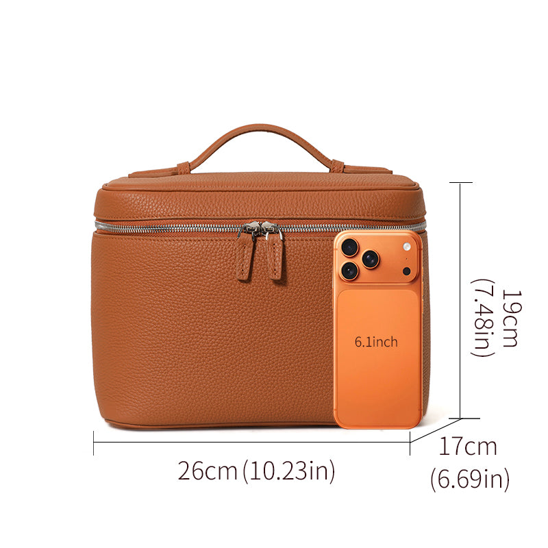 Genuine Cowhide Womens Makeup Vanity Case,Pebbled Texture Handheld Organizer,Large Divided Compartment Travel Cosmetic Storage Bag