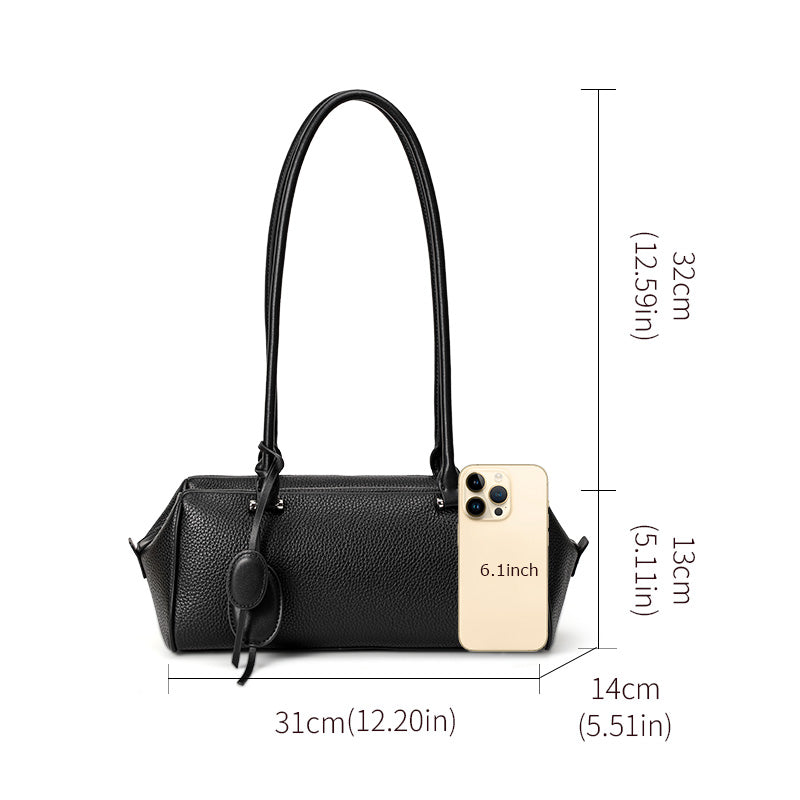 Genuine Cowhide Pebbled Leather Womens Underarm Handbag,Long Cylinder Multi Pocket Minimalist Daily Commute Street Fashion Shoulder Purse