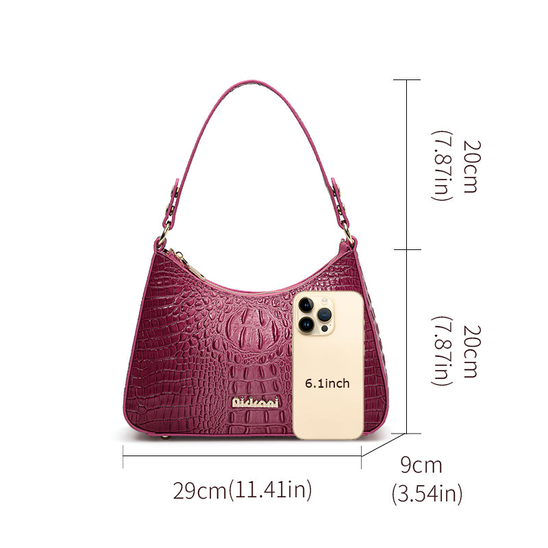 Genuine Cowhide Womens Shoulder Underarm Bag,Matte Crocodile Embossed Crescent Purse,Adjustable Strap Daily Commute Handbag