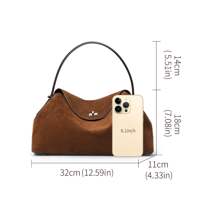 Genuine Cowhide Womens Bag,Suede Flap Hobo Underarm Handbag,Multi Pocket Vintage Daily Shoulder Purse
