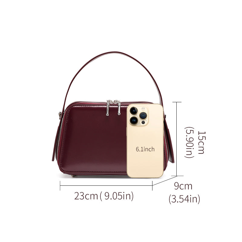 Genuine Smooth Cowhide Womens Box Bag,Multi Compartment Square Purse,Detachable Strap Burgundy Vintage Crossbody Handbag
