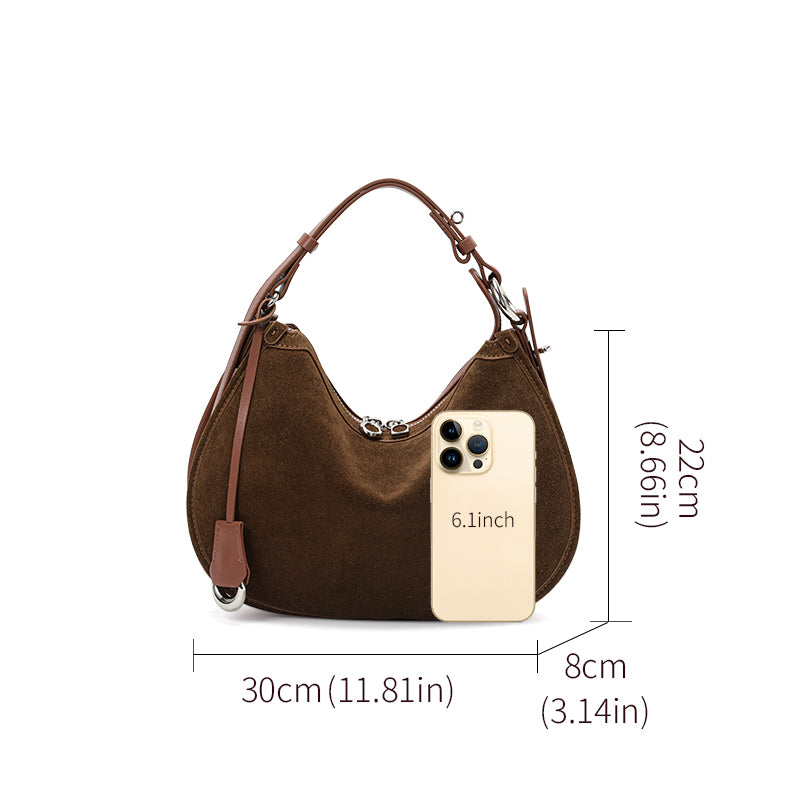 Genuine Suede Cowhide Womens Hobo Bag,Crescent Underarm Purse,Adjustable Strap Vintage Daily Handheld Shoulder Bag