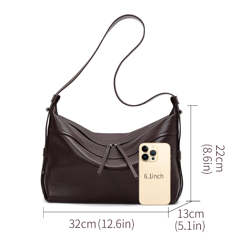 Genuine Cowhide Womens Bag,Natural Pebbled Grain Slouch Hobo Tote,Adjustable Wide Strap Daily Commute Shoulder Handbag