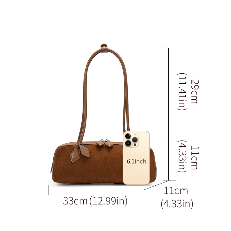 Genuine Suede Cowhide Womens Barrel Bag,Long Handheld Underarm Purse,Vintage Caramel Burgundy Single Shoulder Bag