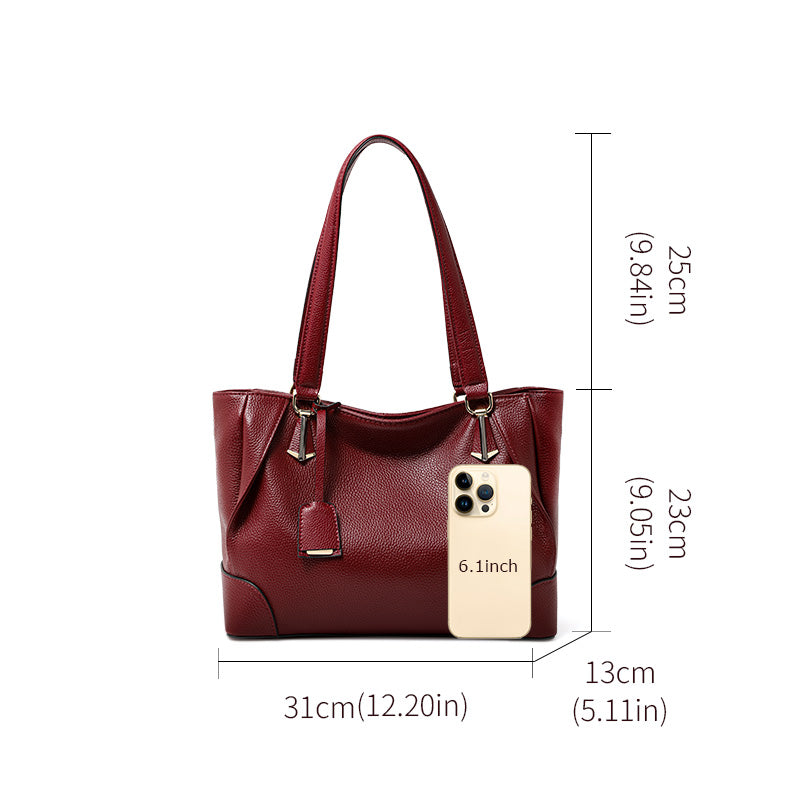 Genuine Cowhide Pebbled Leather Womens Large Capacity Tote Bag,Wine Red Multi Compartment Adjustable Single Shoulder Handbag