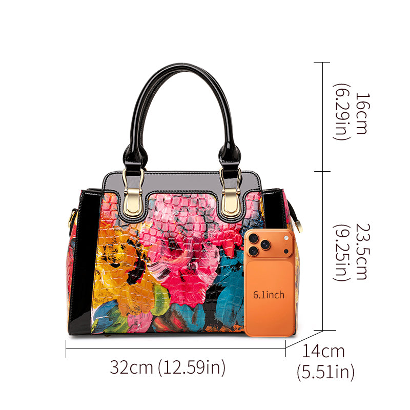 Genuine Cowhide,Glossy Floral Crocodile Grain,Top Handle Satchel Bag,Art Print Women Convertible Handbag,Hand Carry,Cross Shoulder Carry,Daily Commute,Party Travel