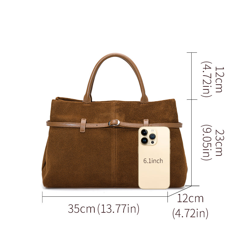 Genuine Cowhide Womens Bag,Matte Suede Soft Rectangular Tote,Detachable Adjustable Strap Commute Handbag