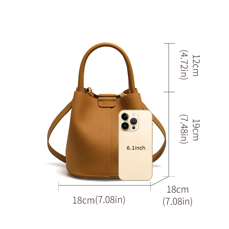 Genuine Cowhide Womens Bucket Handbag,Pebbled Grain Crossbody Purse,Adjustable Strap Mini Bag With Matching Coin Pouch
