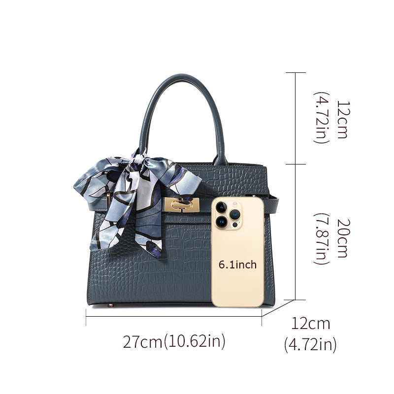 Genuine Cowhide Crocodile Embossed Womens Structured Handbag,Detachable Leather Shoulder Strap Multi Compartment Bag With Decorative Silk Scarf