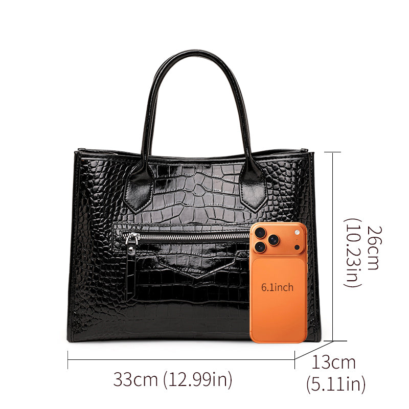 Genuine Cowhide,Glossy Crocodile Grain,Vertical Tote Bag,Women Convertible Work Bag,Hand Carry,Cross Shoulder Carry,Office Commute,Business Trip