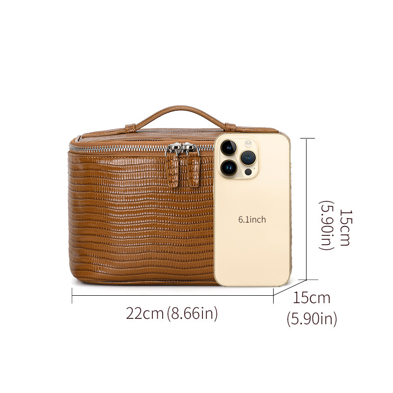 Genuine Cowhide Womens Cosmetic Case,Lizard Embossed Structured Handheld Large Capacity Multi Compartment Travel Toiletry Organizer