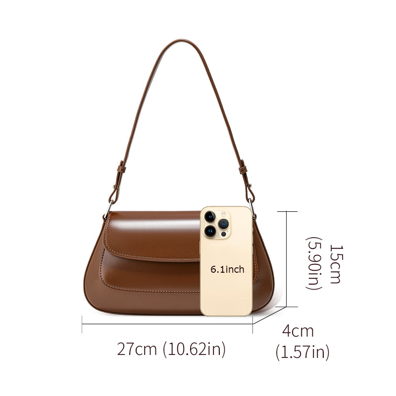 Genuine Cowhide Womens Underarm Crossbody Bag,Glossy Plain Leather Flap Long Purse,Adjustable Strap Vintage Commute Handbag