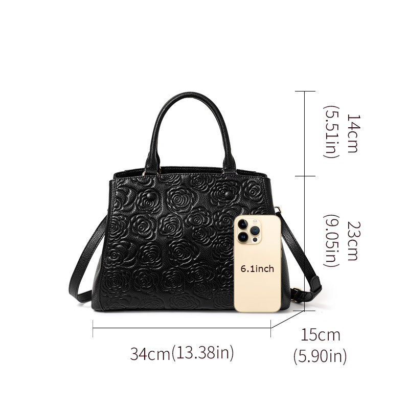 Genuine Cowhide Embossed Rose Floral Womens Commute Handbag,Horizontal Spacious Multi Pocket Business Crossbody Shoulder Tote Purse