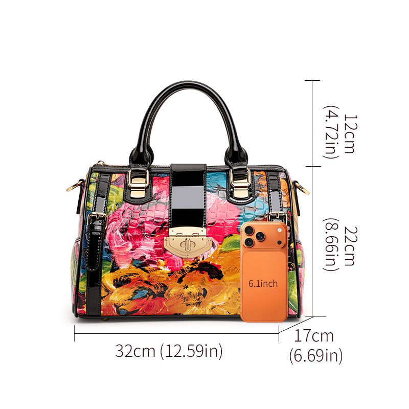 Genuine Cowhide,Glossy Floral Crocodile Grain,Cylinder Handheld Bag,Art Floral Women Convertible Bag,Hand Carry,Cross Shoulder Carry,Daily Commute,Party Travel