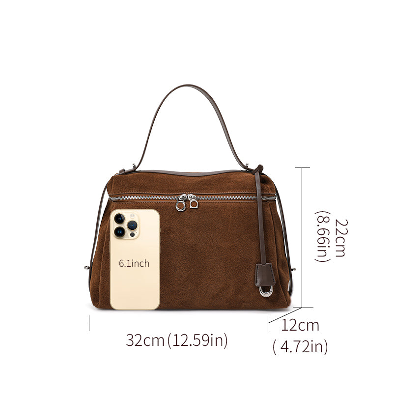 Genuine Suede Cowhide Womens Handheld Bag,Soft Horizontal Tote,Multi Compartment Vintage Daily Shoulder Purse
