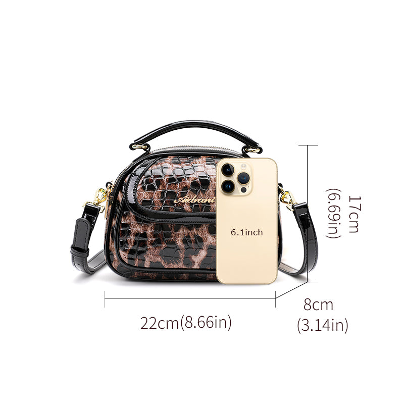 Genuine Cowhide Crocodile Leopard Print Womens Mini Oval Handbag,Glossy Multi Compartment Adjustable Crossbody Shoulder Bag