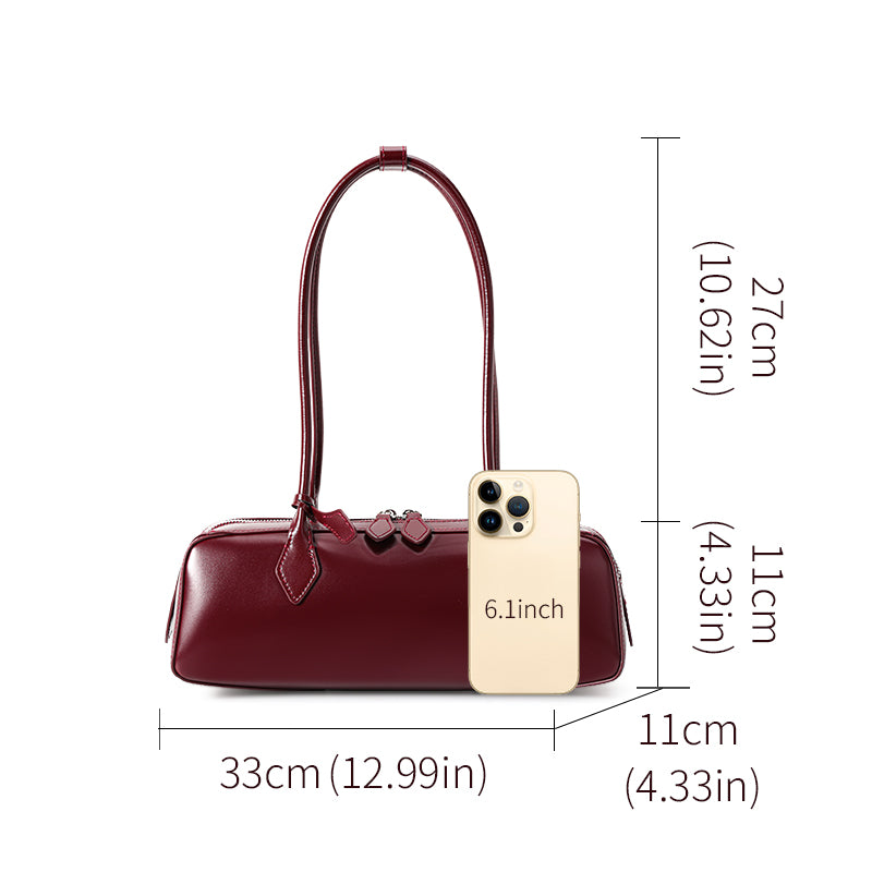 Genuine Cowhide Womens Underarm Shoulder Bag,Smooth Glossy Barrel Handbag,Burgundy Vintage Commute Cylinder Purse
