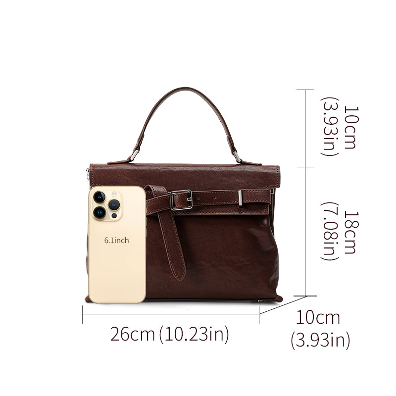 Genuine Cowhide Womens Flap Handbag,Waxed Crinkle Multi Compartment Satchel,Detachable Strap Crossbody Shoulder Bag