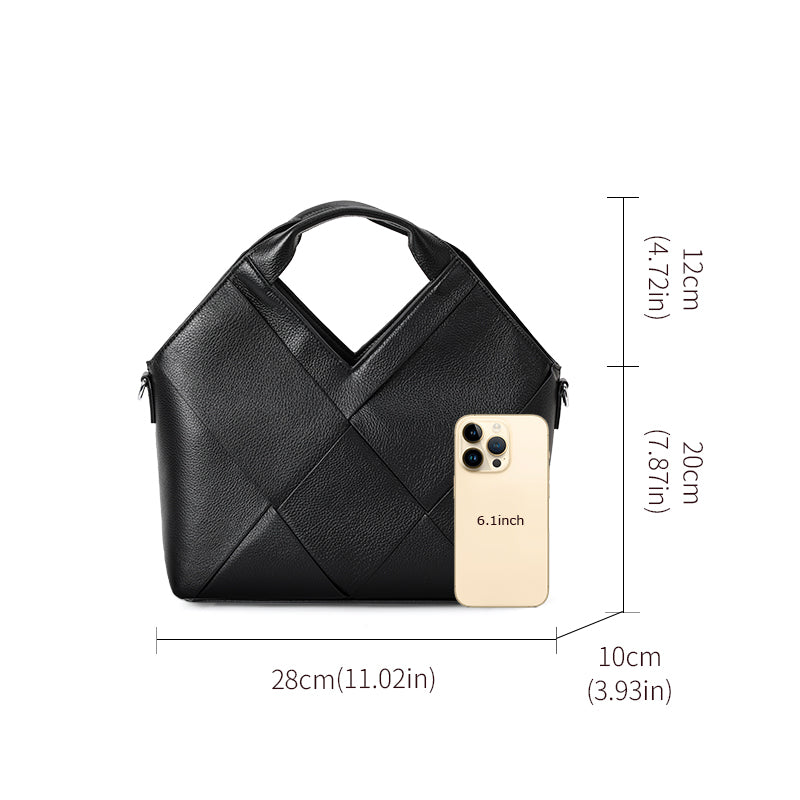 Genuine Cowhide Womens Handheld Tote Bag,Pebbled Diamond Woven Shoulder Purse,Black Large Capacity Business Commute Handbag