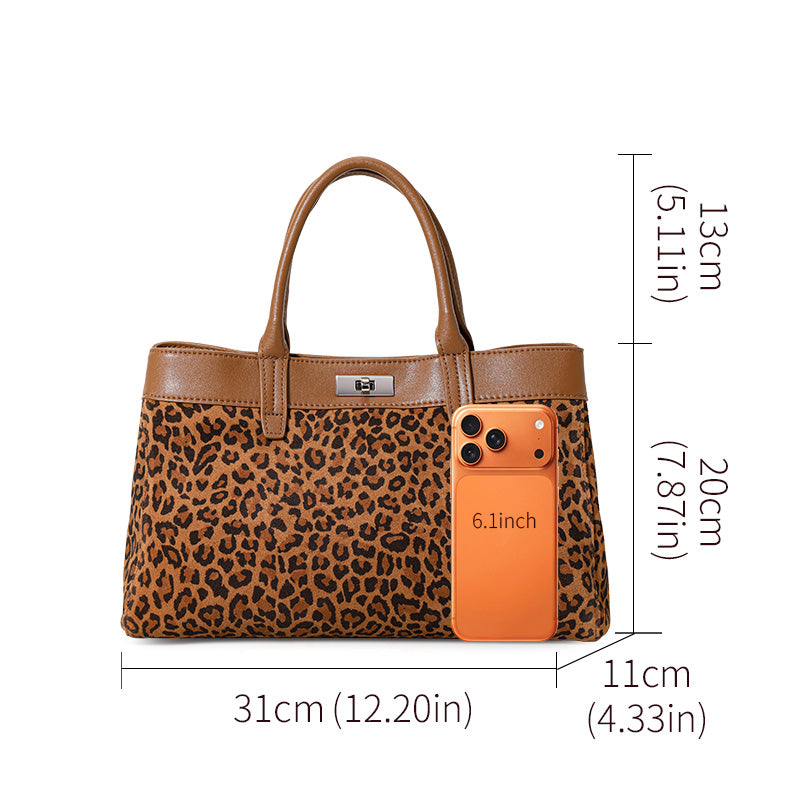 Genuine Cowhide Womens Tote Bag,Leopard Print Textured Handheld Purse,Detachable Shoulder Strap Large Capacity Commuter Handbag