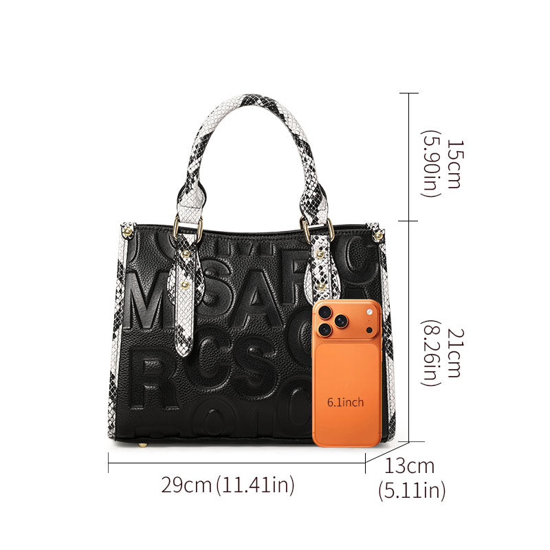 Genuine Cowhide,Embossed Letter Pebble Grain,Rectangle Tote Bag,Women Convertible Handbag,Hand Carry,Cross Shoulder Carry,Daily Commute,Business Trip