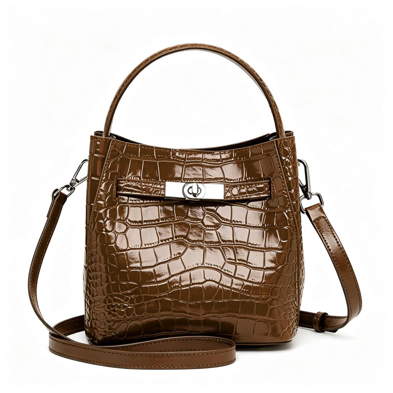Genuine Cowhide,Crocodile Glossy Grain,Bucket Bag,Women Convertible Crossbody Bag,Hand Carry,Cross Shoulder Carry,Daily Commute,Short Travel