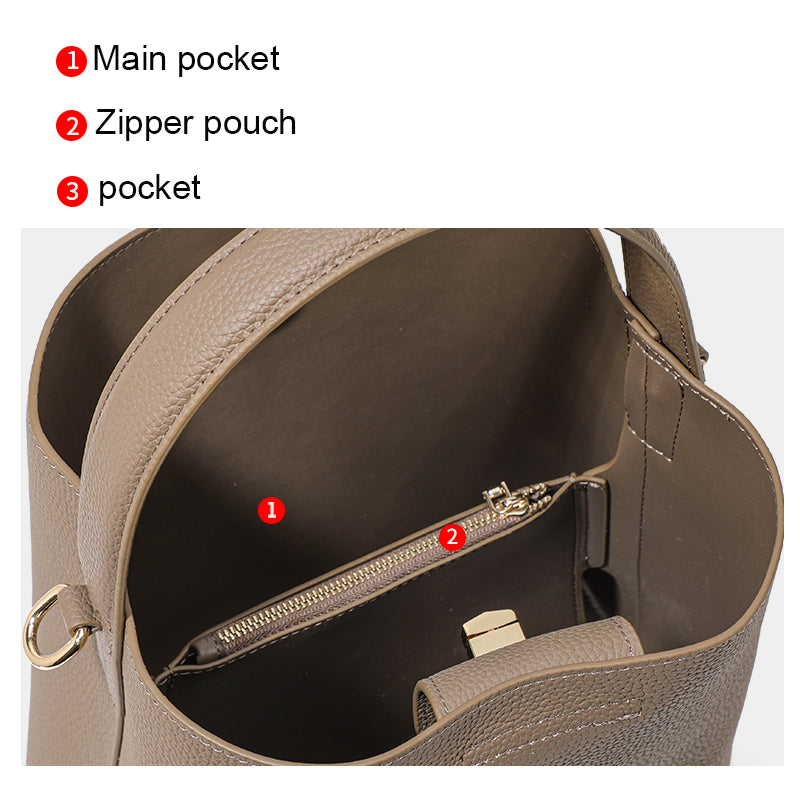 Genuine Cowhide Lightweight Bucket Handbag,Detachable Wide Narrow Straps Twist Lock Simple Everyday Womens Handheld Shoulder Crossbody Bag