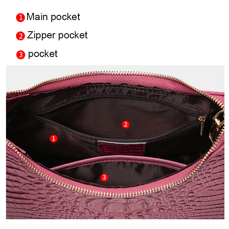 Genuine Cowhide Womens Shoulder Underarm Bag,Matte Crocodile Embossed Crescent Purse,Adjustable Strap Daily Commute Handbag