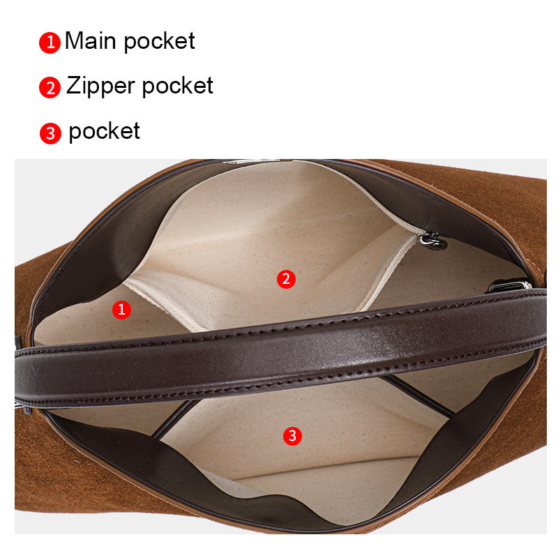 Genuine Cowhide Womens Bag,Suede Flap Hobo Underarm Handbag,Multi Pocket Vintage Daily Shoulder Purse