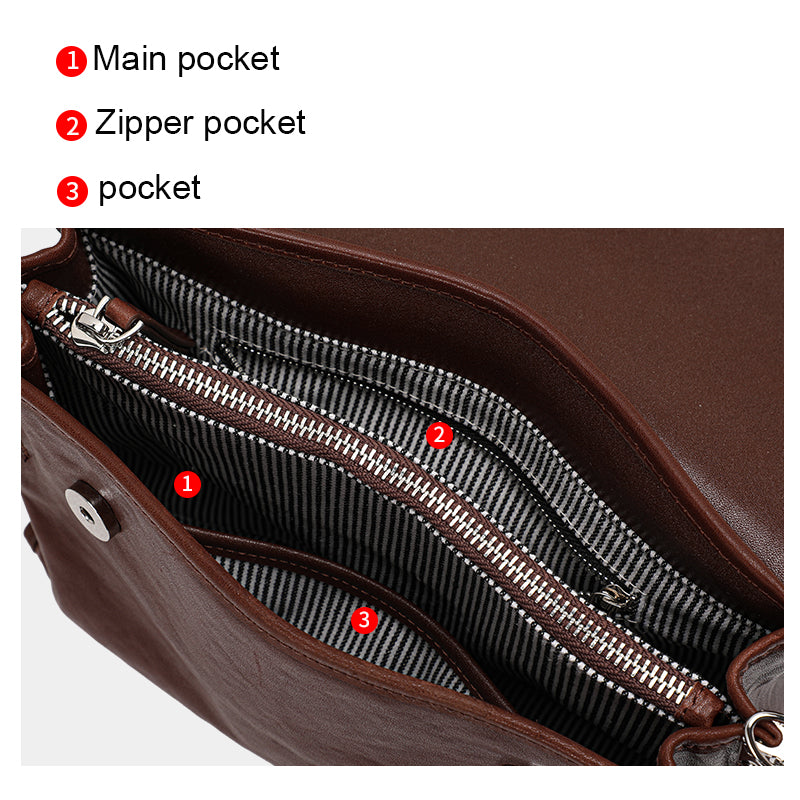 Genuine Cowhide Womens Flap Handbag,Waxed Crinkle Multi Compartment Satchel,Detachable Strap Crossbody Shoulder Bag