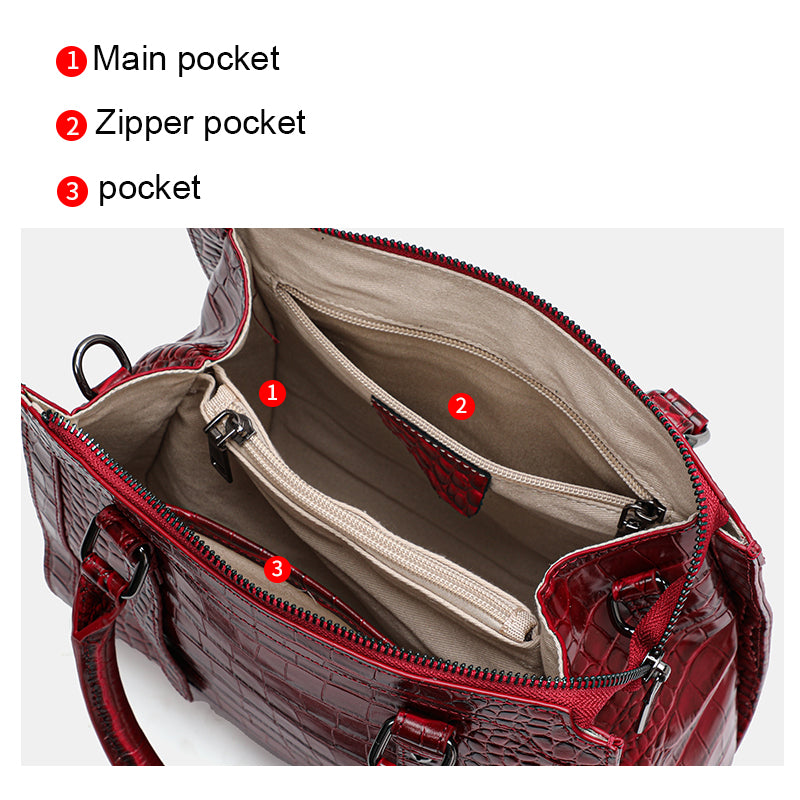 Genuine Cowhide Womens Bag,Glossy Croc Embossed Structured Tote,Detachable Shoulder Strap Large Business Handbag