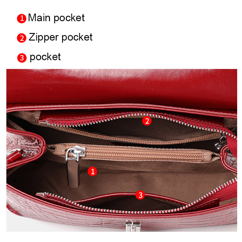 Genuine Cowhide,Glossy Crocodile Grain,Flap Handheld Bag,Vintage Women Adjustable Crossbody Bag,Hand Carry,Cross Shoulder Carry,Daily Commute,Party Trip