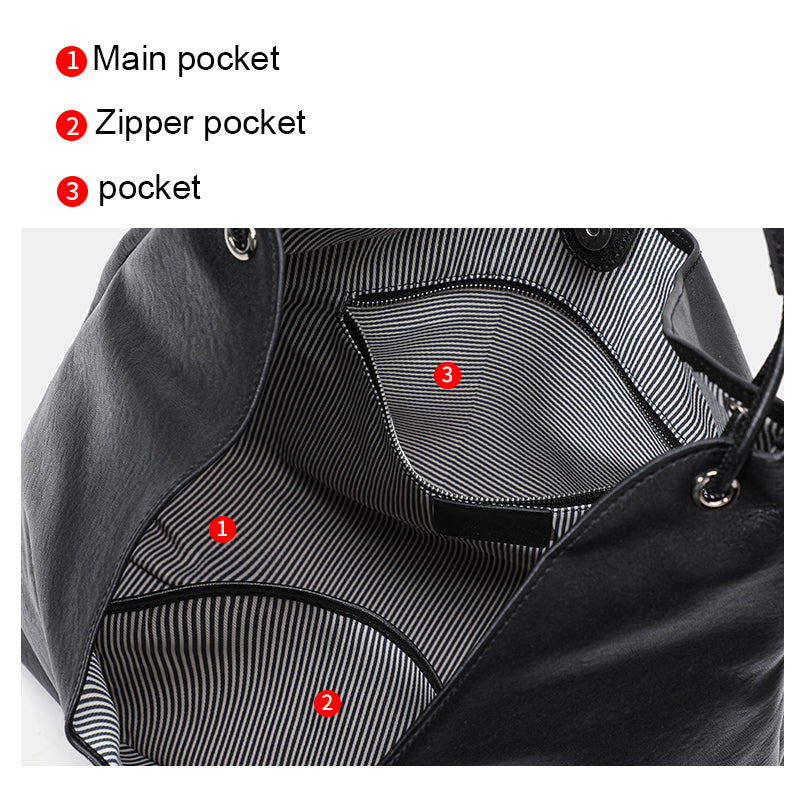 Genuine Cowhide Women's Bag, Grain Soft U-Shape Tote, Detachable Storage Pouch, Multi-Compartment Large Commuter Shoulder Handbag