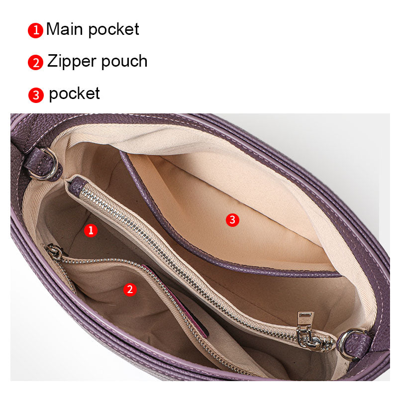 Genuine Cowhide Lightweight Mini Tote Handbag,Adjustable Shoulder Strap Open Top Multi Layer Storage Minimal Daily Womens Crossbody Bucket Bag
