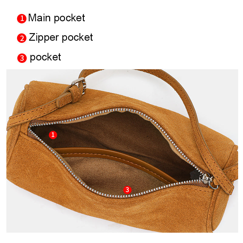 Genuine Cowhide Womens Bag,Suede Cylindrical Mini Underarm Purse,Adjustable Strap Vintage Daily Crossbody Shoulder Bag