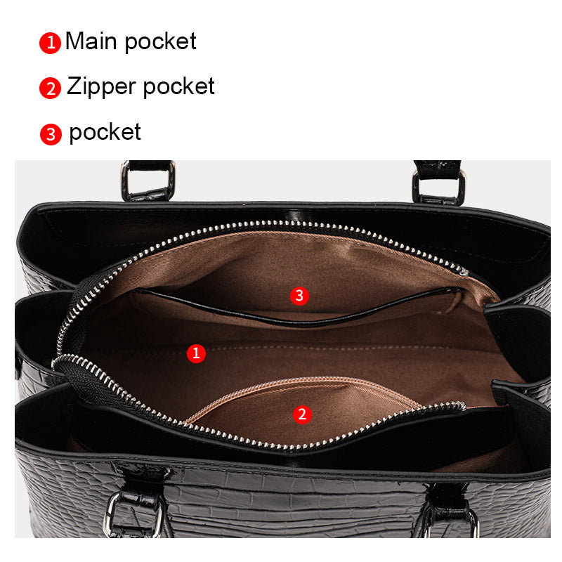 Top Layer Cowhide Women Tote Bag,Glossy Crocodile Embossed Trapezoid Handbag Detachable Shoulder Strap Multi Compartment