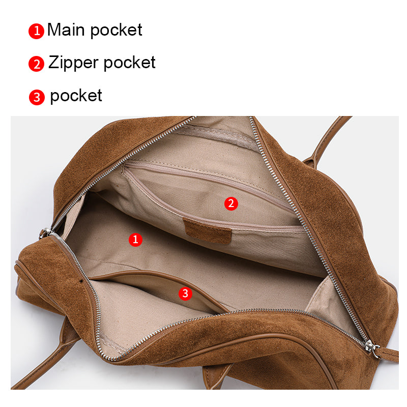 Genuine Suede Cowhide Womens Shoulder Bag,Long Pillow Underarm Tote,Retro Large Capacity Handheld Purse