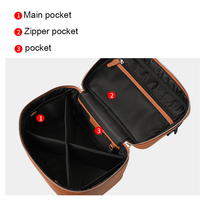Genuine Cowhide Womens Makeup Vanity Case,Pebbled Texture Handheld Organizer,Large Divided Compartment Travel Cosmetic Storage Bag