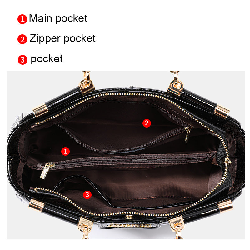 Genuine Cowhide Glossy Crocodile Embossed Womens Doctor Handbag,Black Multi Compartment Detachable Chain Single Shoulder Bag