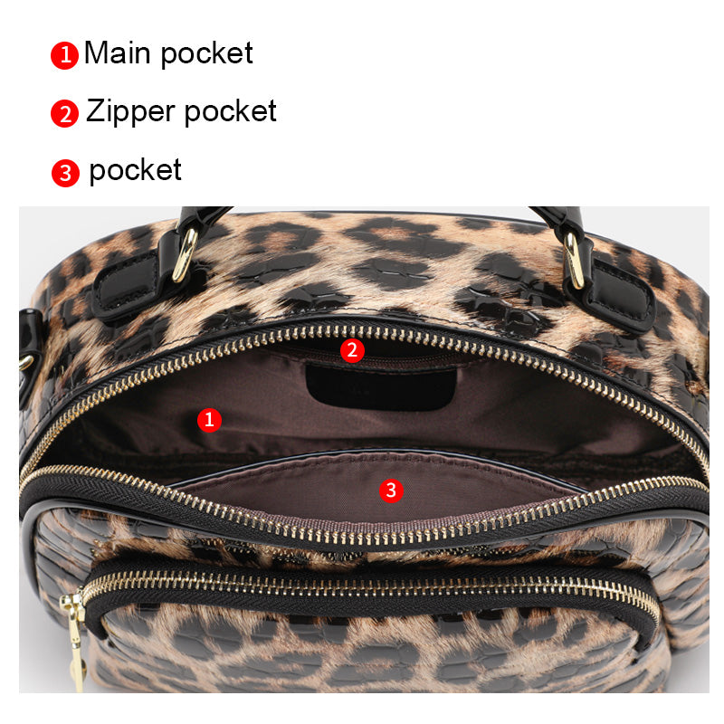 Top Layer Cowhide Women Crossbody Bag,Glossy Croc Leopard Print Oval Camera Bag Wide Adjustable Strap Multi Pocket