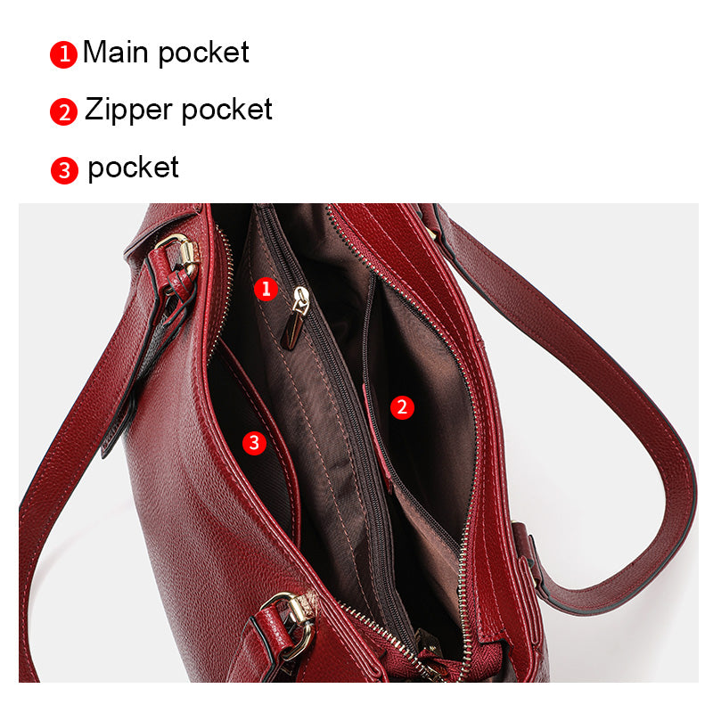 Genuine Cowhide Pebbled Leather Womens Large Capacity Tote Bag,Wine Red Multi Compartment Adjustable Single Shoulder Handbag