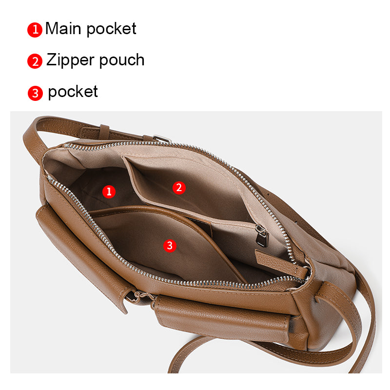 Genuine Cowhide Textured Rectangle Shoulder Bag Women,Adjustable Leather Crossbody Strap Multi Pocket Lightweight Office Handbag