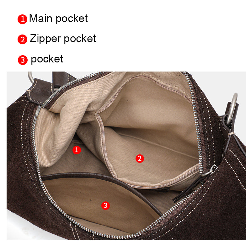 Genuine Suede Cowhide Womens Crescent Hobo Bag,Handheld Underarm Purse,Adjustable Strap Coffee Shoulder Bag