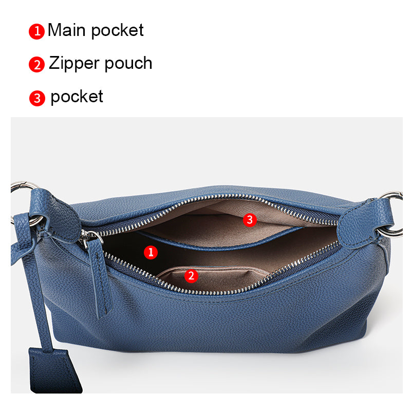Genuine Cowhide Litchi Grain Crescent Hobo Purse,Adjustable Detachable Shoulder Strap Multi Compartment Womens Underarm Crossbody Handbag