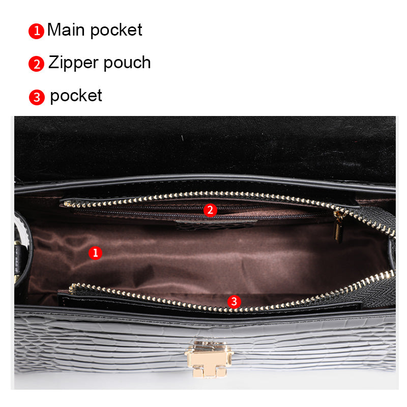 Genuine Cowhide Glossy Crocodile Embossed Flap Handbag,Detachable Crossbody Strap Twist Lock Multi Compartment Womens Two Way Carry Square Purse