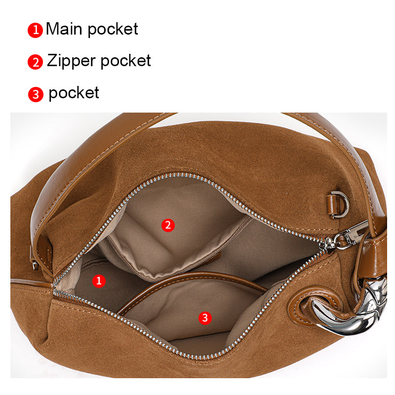 Genuine Suede Cowhide Womens Hobo Bag,Curved Crescent Handheld Purse,Detachable Strap Retro Caramel Coffee Crossbody Bag