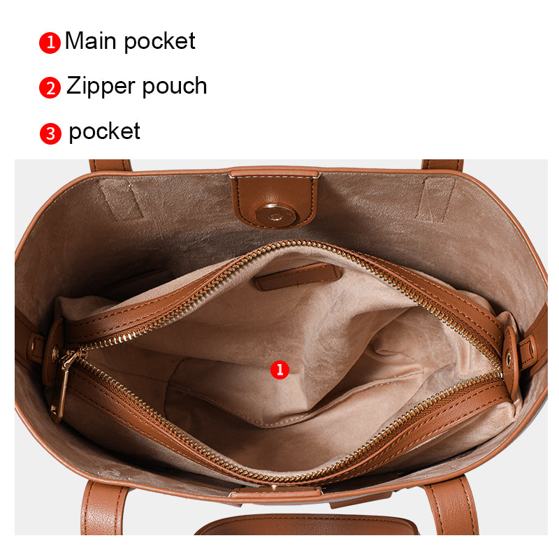 Genuine Cowhide Vertical Woven Bucket Tote Handbag,Detachable Zipper Storage Pouch Multi Layer Pocket Magnetic Snap Womens Daily Commute Shoulder Purse