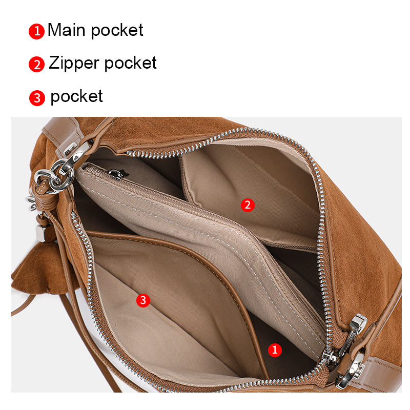 Genuine Cowhide Womens Bag,Matte Suede Crescent Hobo,Detachable Adjustable Strap,Tassel Decor Underarm Shoulder Handbag