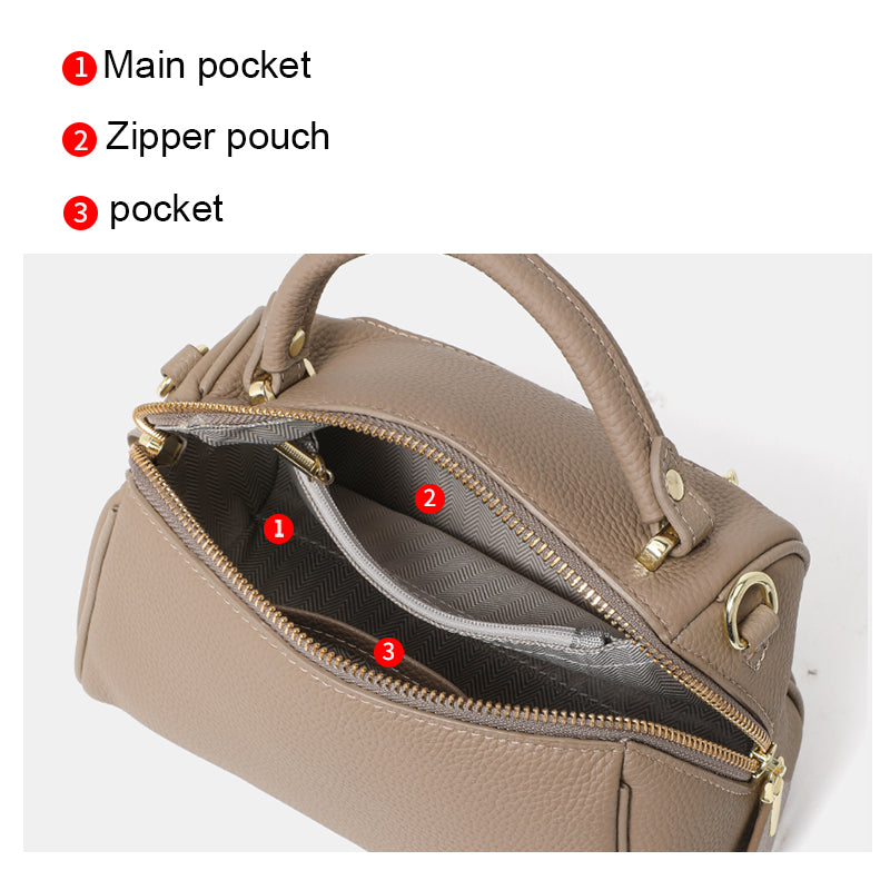 Genuine Cowhide Pebbled Mini Pillow Handbag,Adjustable Detachable Crossbody Strap Double Zipper Multi Compartment Womens Two Way Carry Purse
